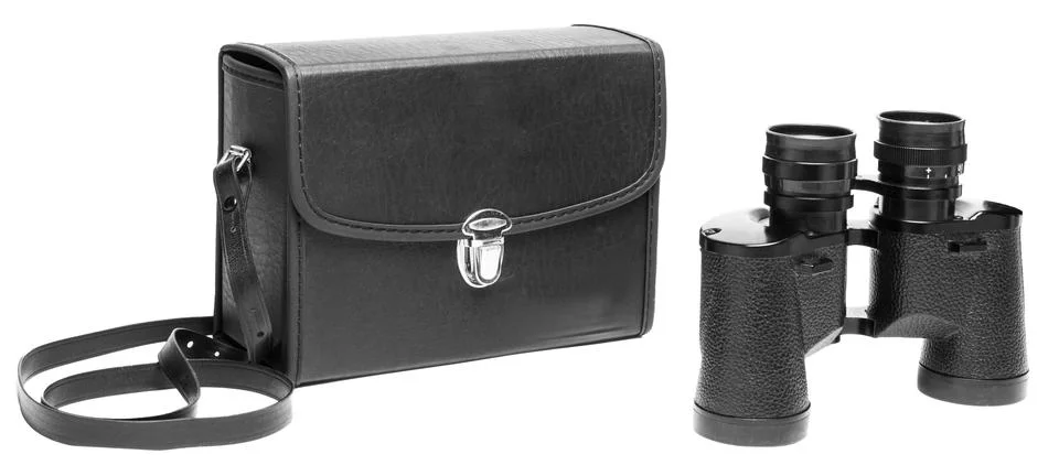 Binoculars and case for it isolate on white background Stock Photos