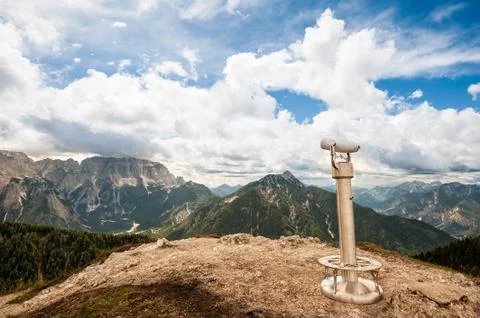 Binoculars on the background of the beautiful Mountain view Stock Photos