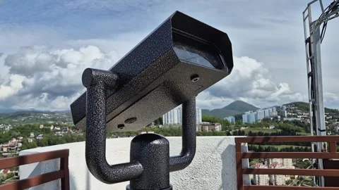 Binoculars on the observation deck of the resort high in the mountains Stock Footage 308748080