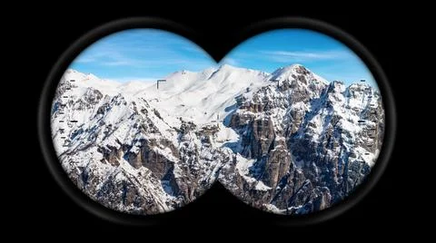 Binoculars Point of View with Snow Capped Peaks of Italian Alps Stock Photos
