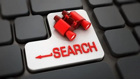 Binoculars standing on F key of a keyboard. 3D illustration Stock Illustration
