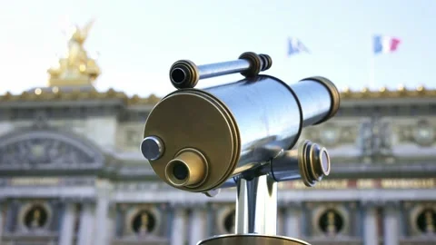 Binoculars telescope overlooking Paris Opera. Popular European city attraction Stock Footage 221953445