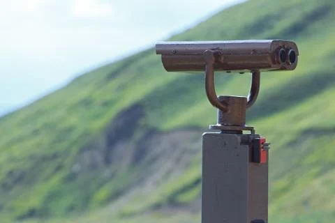 Binoculars on a viewing platform for observing flora, fauna and landscape. Stock Photos