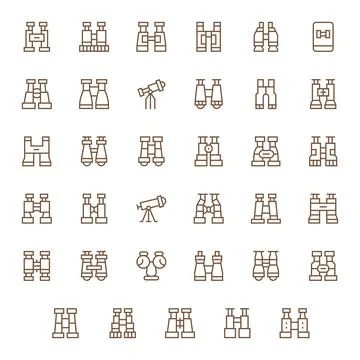 Binoculars Visual Pack containing 35 Regular Line PIXEL Perfect Vector Icons 库存插图