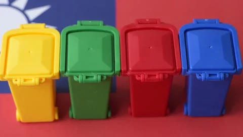 Bins for garbage, a conceptual background for selective and recycling waste disp Stock Footage 340477569