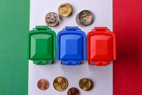 Bins for garbage, a conceptual background for selective and recycling waste.. 스톡 사진