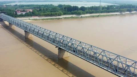 Binzhou Yellow river rail-bridge of China Stock Footage 197372802