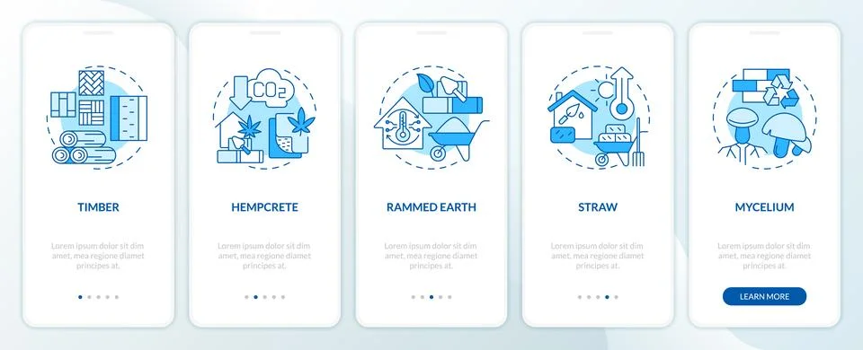 Bio based building materials blue onboarding mobile app screen Ilustración de archivo