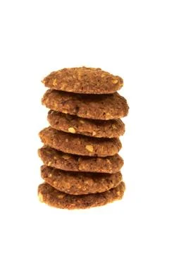 Bio cereal biscuits with chocolate chips and nuts isolated on white background Stock Photos
