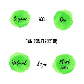 Bio food tag vector constructor. Round green background and scripts: organic Stock Illustration