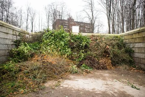 Bio Garbage bin with trimmed bushes, branches and trees lie on the ground. Stock Photos