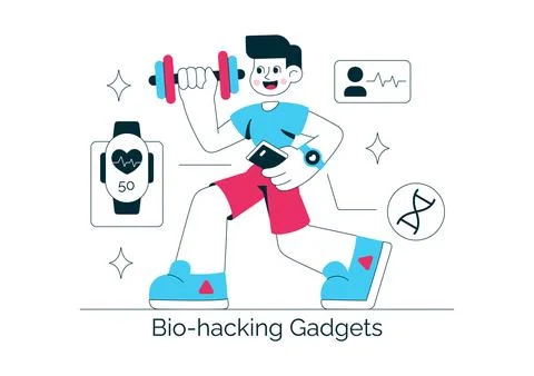 Bio Hacking Gadgets Vector Illustration Featuring Wearable Health Technolog.. Illustrazione stock
