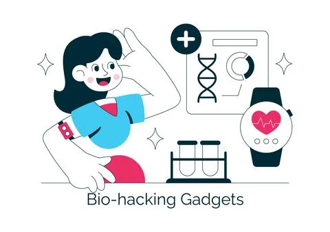 Bio Hacking Gadgets Vector Illustration Featuring Wearable Health Technolog.. Illustrazione stock