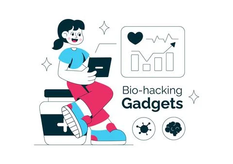 Bio Hacking Gadgets Vector Illustration Featuring Wearable Health Technolog.. Stock Illustration