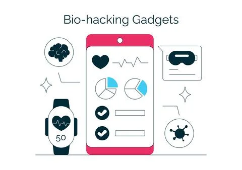 Bio Hacking Gadgets Vector Illustration Featuring Wearable Health Technolog.. Stock Illustration