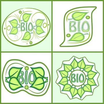 Bio label set with green leaf motif and inscription bio. Diffferent shapes in Stock Illustration