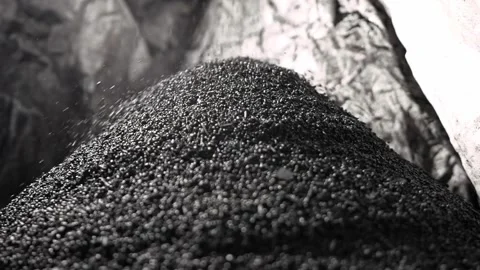 Biochar crumbles in a heap, coal particles falling, Pyrolysis, Decarbonization. Stock Footage 264469873