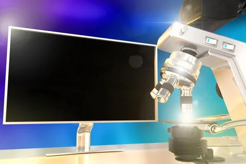 Biochemistry analysis concept, microscope and monitor with flare Stock Illustration