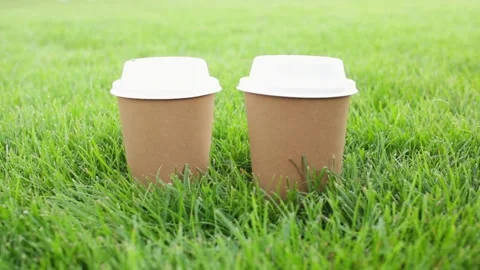 Biodegradable disposable cups of coffee on green grass. Stockbeeldmateriaal 154305040