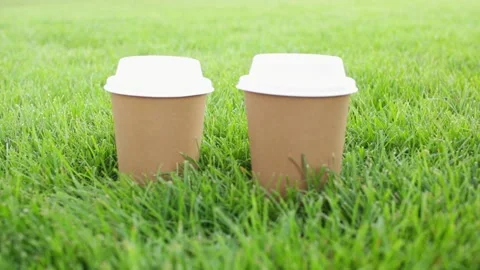 Biodegradable disposable cups of coffee on green grass. Stock Footage 154305055