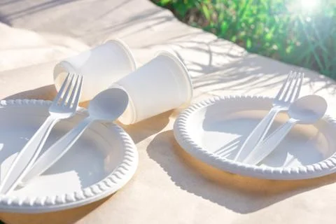 Biodegradable disposable tableware from environmentally friendly materials. Stock Photos