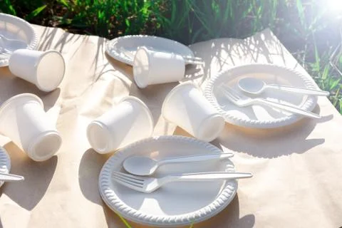 Biodegradable disposable tableware made from environmentally friendly materials. Stock Photos