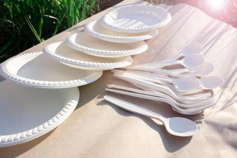 Biodegradable disposable tableware made from environmentally friendly materials. Stock Photos