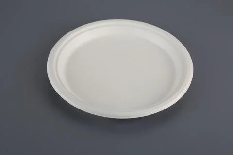 Biodegradable disposable tableware plates, glasses and spoons with forks on.. Foto stock