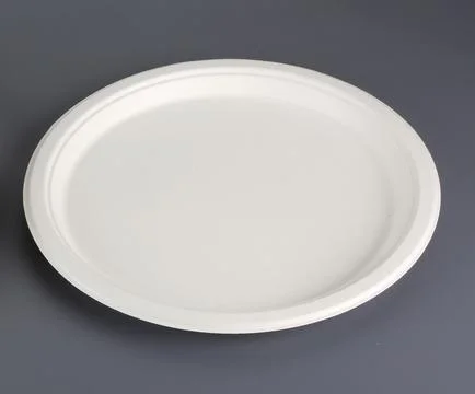 Biodegradable disposable tableware: plates, glasses and spoons with forks o.. Stock Photos