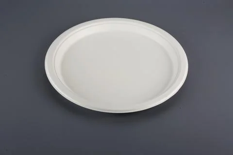 Biodegradable disposable tableware plates, glasses and spoons with forks on.. Stock Photos