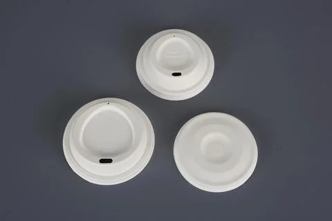 Biodegradable disposable tableware plates, glasses and spoons with forks on.. Stock Photos