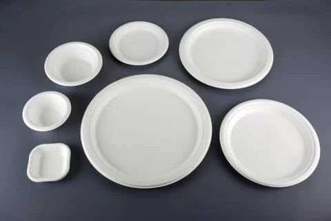 Biodegradable disposable tableware plates, glasses and spoons with forks on.. Stock Photos