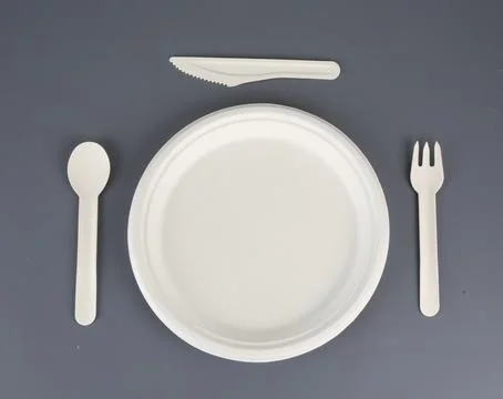 Biodegradable disposable tableware: plates, glasses and spoons with forks o.. Stock Photos