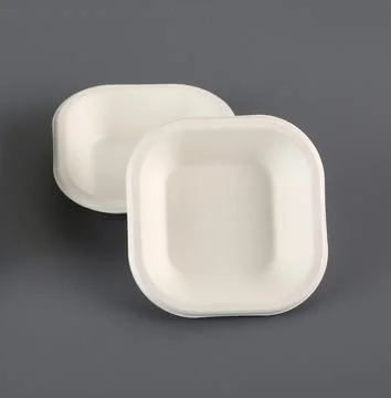 Biodegradable disposable tableware plates, glasses and spoons with forks on.. Stock Photos