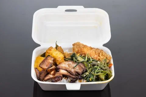 Biodegradable lunch box with rice, vegetable and food, convenient for food Stock Photos