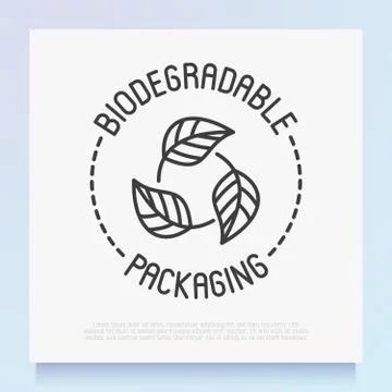 Biodegradable thin line icon for packaging. Leaves in circle. 스톡 일러스트