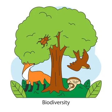 Biodiversity. Fox, bird, beetle, and mushroom under a lush tree. Interconnected Stock Illustration
