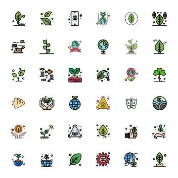 Biodiversity Vector Icon Library with 36 Line Filled 64x64 Grid Fitted Design Stock Illustration