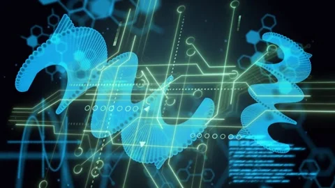 Bioforms shifting and rotating in tech HUD, neon traces starting code scroll Stock Footage 334039063