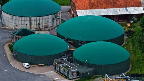Biogas Digesters and Feed System at Renewable Energy Plant Stock Photos
