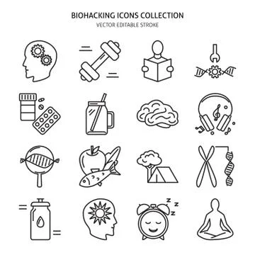 Biohacking icons set in thin line style Stock Illustration