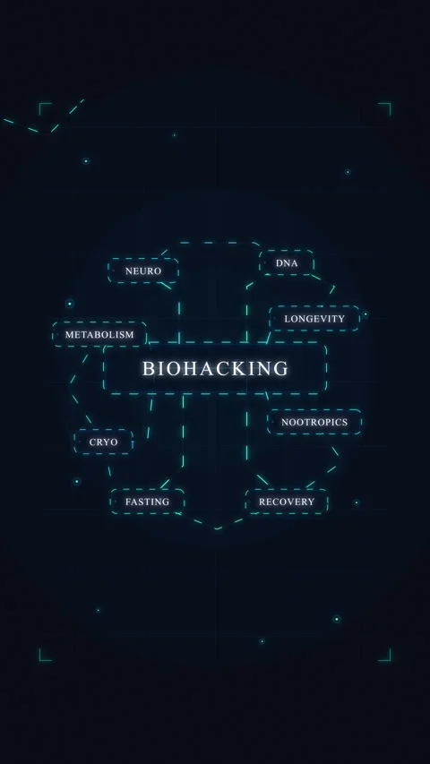 Biohacking interface animation with glowing cyber network data and nodes Stock Footage 347048426