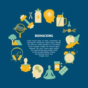 Biohacking round concept banner with icons in flat style Illustrazione stock