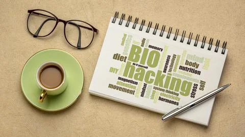 Biohacking word cloud in sketchbook Foto stock
