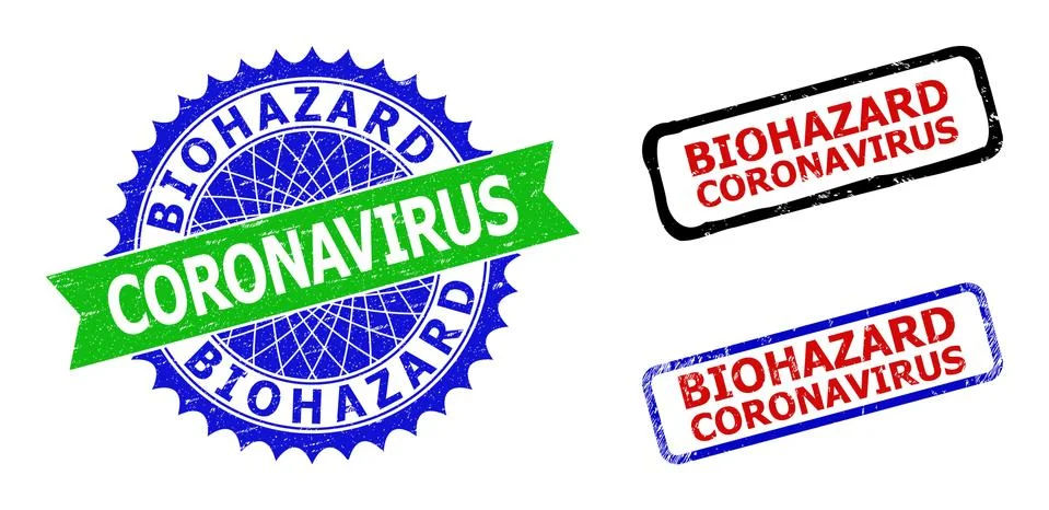 BIOHAZARD CORONAVIRUS Rosette and Rectangle Bicolor Badges with Distress Surf Stock Illustration