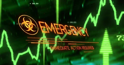Biohazard icon emerging by spike causing EMERGENCY scaling HUD values climbing 動画素材 329454358