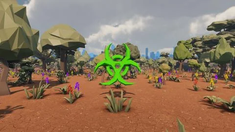 Biohazard icon with low poly landscape 3d render Stock Illustration