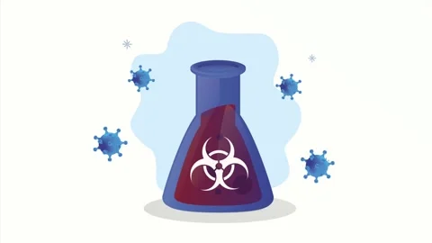 Biohazard sign on laboratory flask surrounded by floating virus particles i.. Stock Footage 338312302
