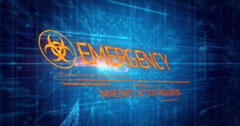 Biohazard symbol fading in EBK glitching to EMERGENCY animating immediate action Stock Footage 309678067