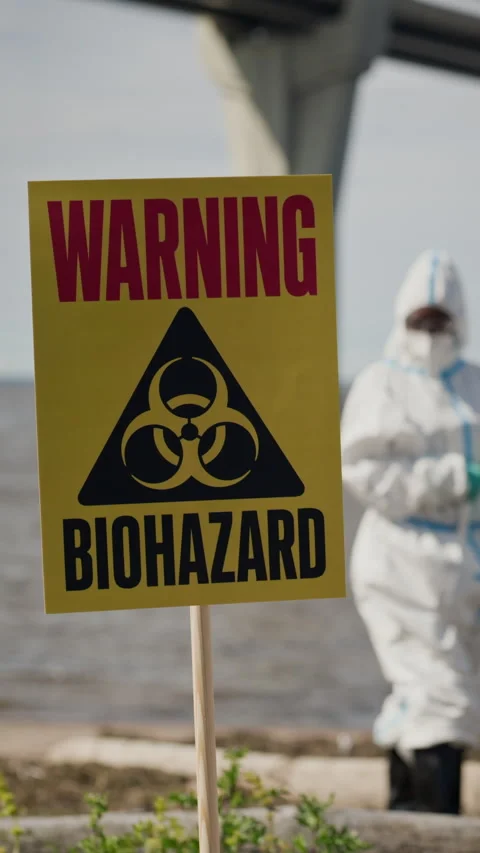 Biohazard Warning Sign Standing at Ecological Disaster Site Stock-Footage 344716602